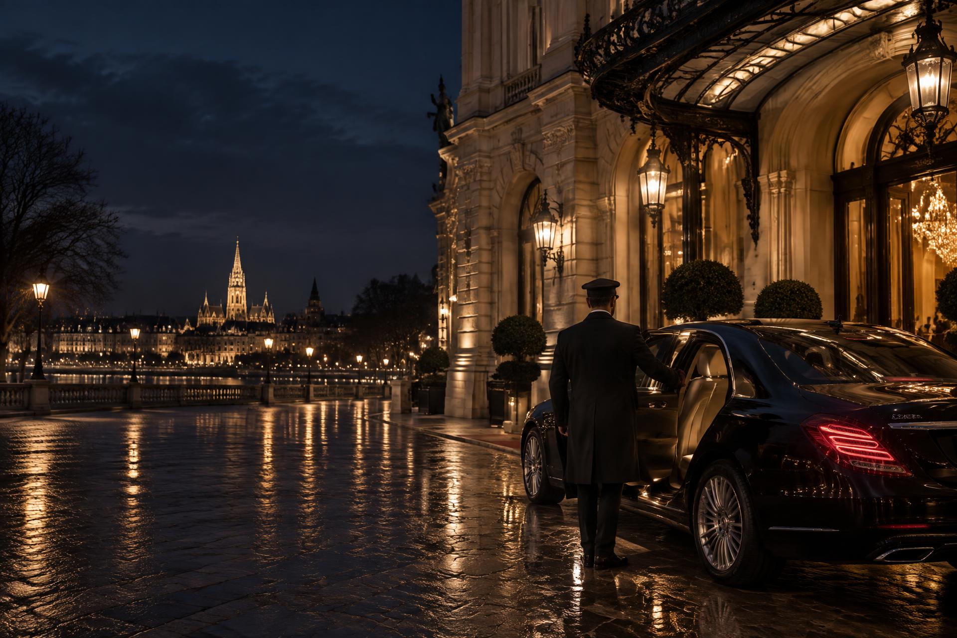 A discreet chauffeur beside a black car at a grand Vienna hotel